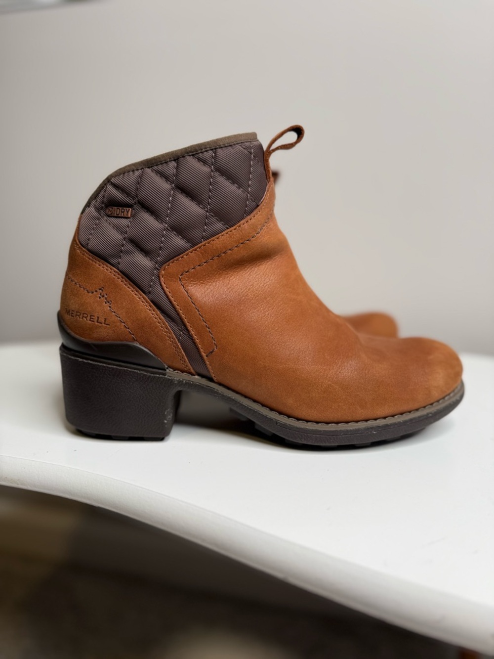Merrell Tan Brown Quilted Leather Ankle Bootie